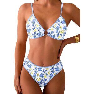 Tainehs Two Piece Bikini Set O Ring Top Floral Triangle Swimsuit Cheeky MEDIUM
